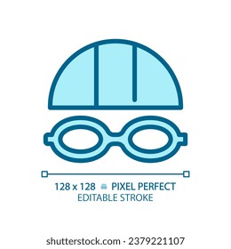 2D pixel perfect editable blue swimming goggles icon, isolated monochromatic vector, thin line illustration representing eye care.