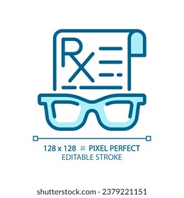 2D Pixel perfekt editierbare blaue Brillenrezeptionsymbol, einzelne monochromatische Vektorgrafik, dünne Linie Illustration, die Augenpflege darstellt.