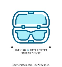 2D pixel perfect editable blue eyeglasses case icon, isolated monochromatic vector, thin line illustration representing eye care.