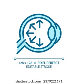2D Pixel perfekt bearbeitbare blaue Augapfel mit Pfeilsymbolen Symbol, einzelne monochromatische Vektorgrafik, dünne Linie Illustration, die die Augenpflege darstellt.