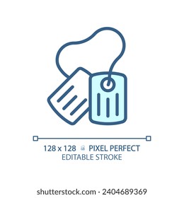 2D Pixel perfekt editierbare blaue Hundemarke Symbol, einzelne monochromatische Vektorgrafik, dünne Linie Abbildung, die Waffen darstellt.