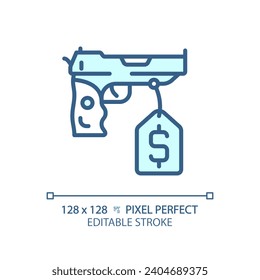 Icono de pistola de compra azul editable de píxeles 2D, vector monocromático aislado, ilustración de línea delgada que representa armas.