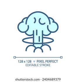 2D Pixel perfekt bearbeitbare blaue nukleare Explosion Symbol, einzelne monochromatische Vektorgrafik, dünne Linie Abbildung, die Waffen darstellt.