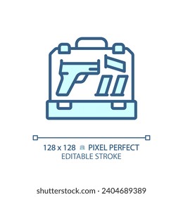 2D pixel perfect editable blue gun case icon, isolated monochromatic vector, thin line illustration representing weapons.