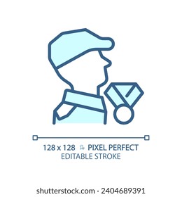 Icono de guerra de veteranos azul editable de píxeles 2D, vector monocromático aislado, ilustración de línea delgada que representa armas.