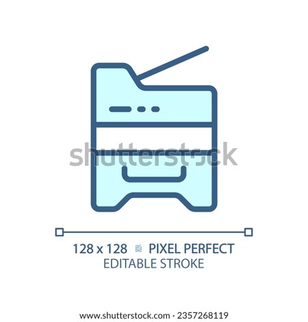 2D pixel perfect editable blue copier icon, isolated vector, thin line document illustration.