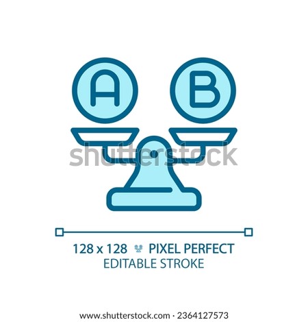 2D pixel perfect editable blue A and B on weight scale icon, isolated vector, thin line illustration representing comparisons.