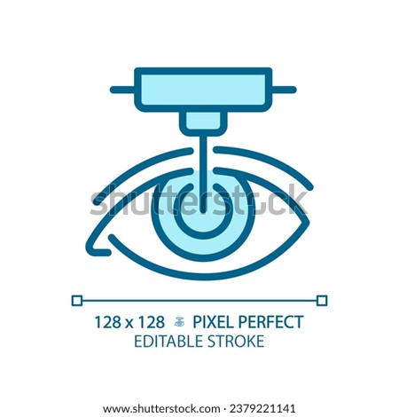 2D pixel perfect editable blue laser surgery icon, isolated monochromatic vector, thin line illustration representing eye care.