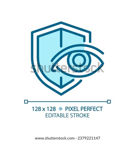 2D pixel perfect editable blue eye protection icon, isolated monochromatic vector, thin line illustration representing eye care.