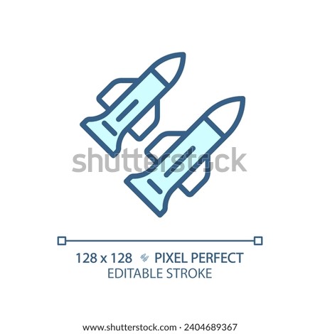 2D pixel perfect editable blue missile icon, isolated monochromatic vector, thin line illustration representing weapons.