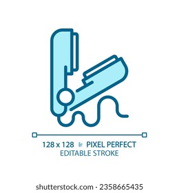 2D pixel perfect editable hair straightener blue icon, isolated vector, haircare thin line simple monochromatic illustration.