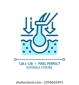 Icono azul de reemplazo de pelo perfecto en píxeles 2D, vector aislado, cuidado de pelo delgado línea simple ilustración monocromática.