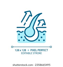 2D pixel perfect editable hair bulb damage blue icon, isolated vector, haircare thin line simple monochromatic illustration.