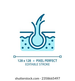 2D pixel perfect editable hair split ends blue icon, isolated vector, haircare thin line simple monochromatic illustration.