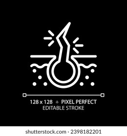 2D Pixel perfekte bearbeitbare Haare schädigen weißen Symbol, einzelne Vektorgrafik, Haarpflege dünne Linie einfache Illustration.