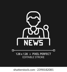 Icono blanco del presentador de noticias de 2D, vector aislado, ilustración de línea delgada que representa el periodismo.