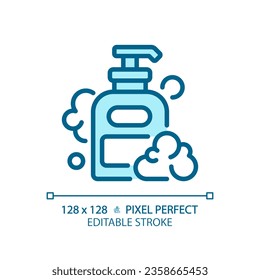2D pixel perfect editable shampoo bottle blue icon, isolated vector, haircare thin line simple monochromatic illustration.
