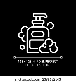 Icono blanco de botella de champú de 2D píxel perfecto editable, vector aislado, cuidado del pelo delgado línea simple ilustración.