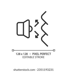 2D Pixel perfekt bearbeitbaren Sound-Ablenkung schwarz Symbol, einzelne Vektorgrafik, schalldichte dünne Linie Illustration.