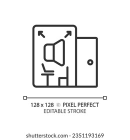 2D pixel perfect editable soundproof room black icon, isolated vector, soundproofing thin line illustration.