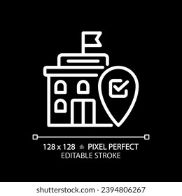 2D pixel perfect editable white linear icon of government building with location marker icon, isolated vector illustration for dark mode