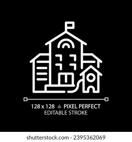 2D pixel perfect editable white building with flag icon, isolated vector, building thin line illustration.