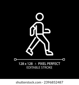 2D pixel perfect editable white walking icon, isolated vector, thin line illustration.