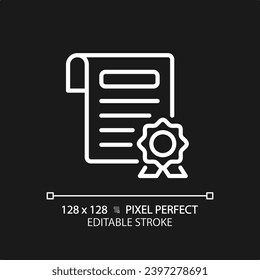 Icono de certificado blanco editable de píxeles 2D, vector aislado, ilustración de documento de línea delgada.