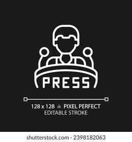 2D pixel perfect editable white press conference icon, isolated vector, thin line illustration representing journalism.