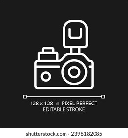 2D pixel perfect editable white camera icon, isolated vector, thin line illustration representing journalism.