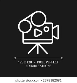 2D pixel perfect editable white video camera icon, isolated vector, thin line illustration representing journalism.