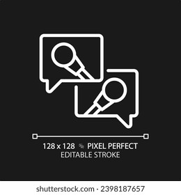2D pixel perfect editable white media interview icon, isolated vector, thin line illustration representing journalism.
