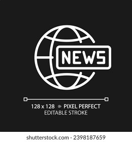 2D pixel perfect editable white global news icon, isolated vector, thin line illustration representing journalism.