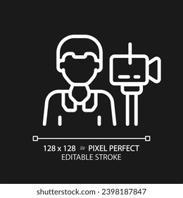 2D pixel perfect editable white cameraman icon, isolated vector, thin line illustration representing journalism.