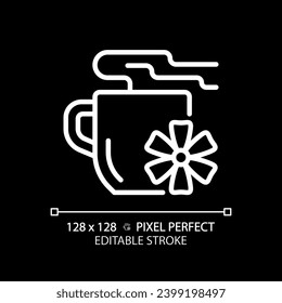 2D pixel perfect editable white flower tea icon, isolated vector, thin line illustration representing allergen free.