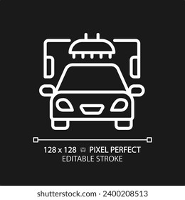 2D pixel perfect editable white car wash icon, isolated vector, thin line simple illustration representing car service and repair.