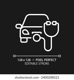 2D pixel perfect editable white car health icon, isolated vector, thin line simple illustration representing car service and repair.