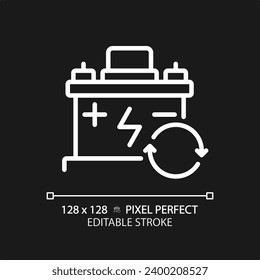 2D pixel perfect editable white car battery icon, isolated vector, thin line simple illustration representing car service and repair.