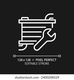 2D pixel perfect editable white car radiator repair icon, isolated vector, thin line simple illustration representing car service and repair.