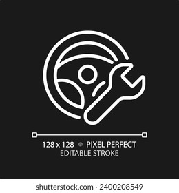 2D pixel perfect editable white steering wheel repair icon, isolated vector, thin line simple illustration representing car service and repair.