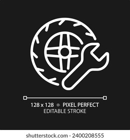 2D pixel perfect editable white wheel repair icon, isolated vector, thin line simple illustration representing car service and repair.