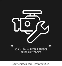Icono de reparación del motor de coche blanco, vector aislado, ilustración simple de línea delgada que representa el servicio y reparación del coche.