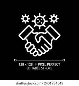 2D pixel perfect editable white handshake with virus icon, isolated monochromatic vector, thin line illustration representing bacteria.