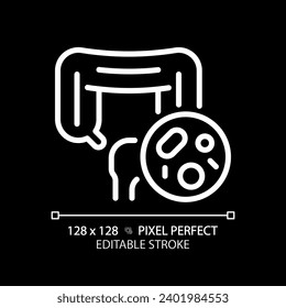 2D pixel perfect editable white intestine with bacteria icon, isolated monochromatic vector, thin line illustration representing bacteria.