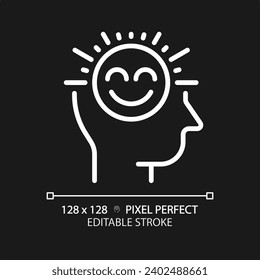 2D pixel perfect editable white positive thinking icon, isolated vector, thin line illustration representing soft skills.