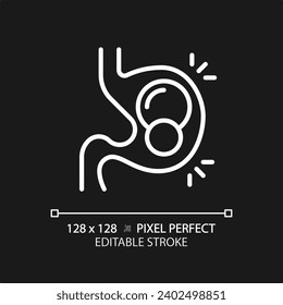 Píldoras blancas editables de píxeles 2D en el ícono del estómago, vector monocromático aislado, ilustración de línea delgada que representa la salud metabólica.