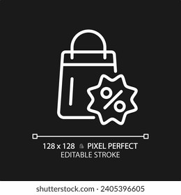 2D pixel perfect editable white shopping percentage discount icon, isolated vector, simple thin line illustration representing discounts.