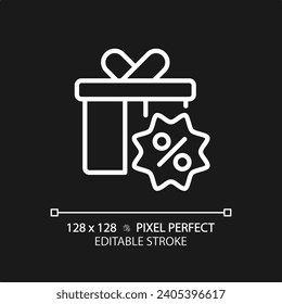 2D Pixel perfekt bearbeitbare weiße Geschenk hemmt Symbol, einzelne Vektorgrafik, einfache dünne Linie Abbildung, die Rabatte.