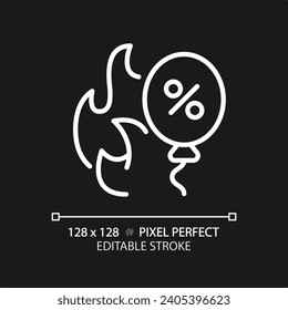 2D pixel perfect editable white flame and balloon discount icon, isolated vector, simple thin line illustration representing discounts.