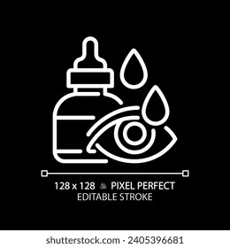 2D Pixel perfekt editierbares weißes Auge Drop Symbol, einzelne Vektorgrafik, dünne Linie Abbildung, die die Augenpflege darstellt.
